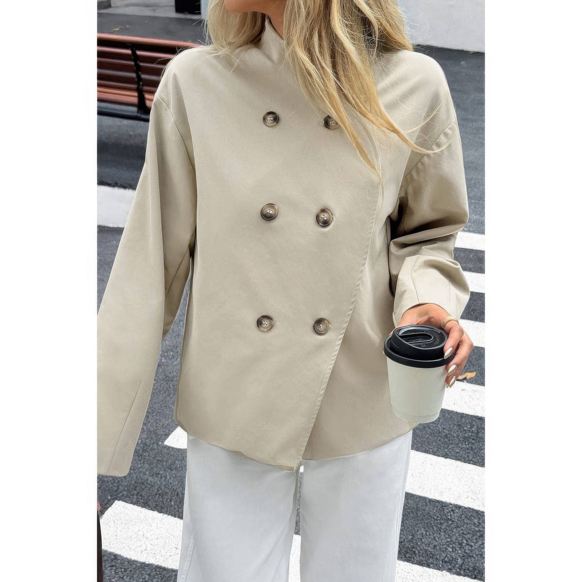 Double Breasted V Neck Trench Long Sleeve Coat - ZumBuys