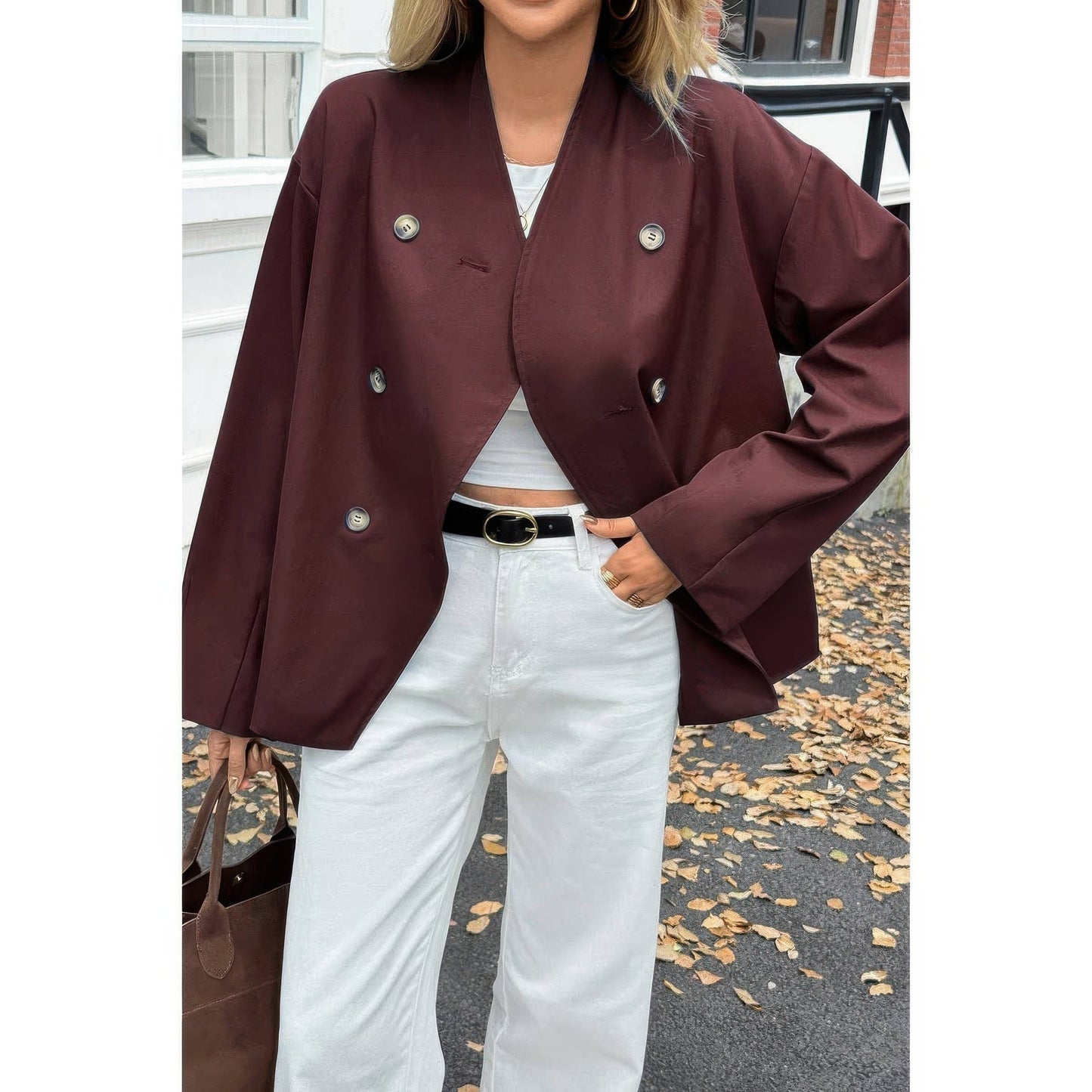 Double Breasted V Neck Trench Long Sleeve Coat - ZumBuys
