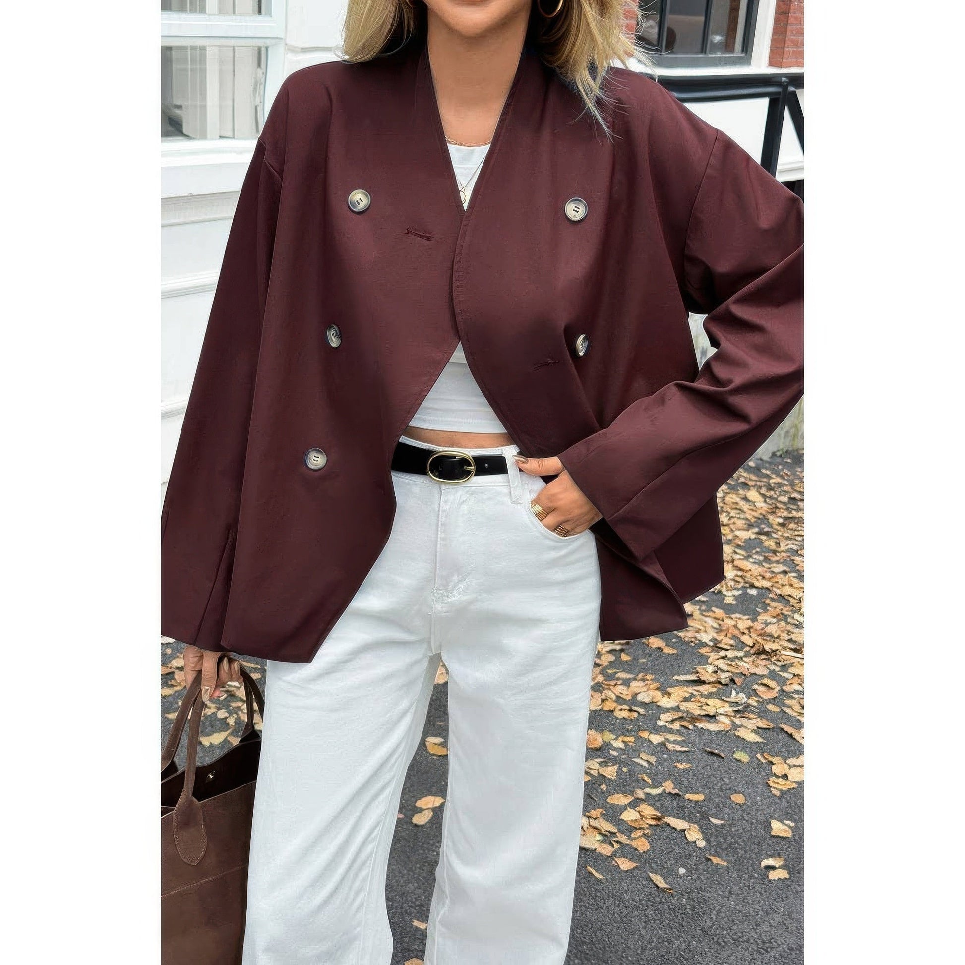 Double Breasted V Neck Trench Long Sleeve Coat - ZumBuys
