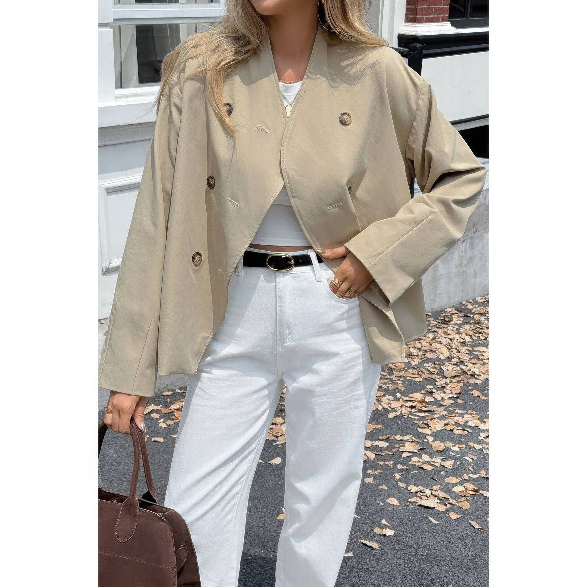 Double Breasted V Neck Trench Long Sleeve Coat - ZumBuys