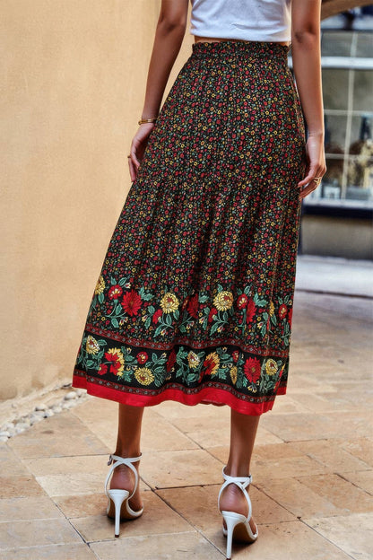 Drawstring Floral Ruffled Maxi Skirt - ZumBuys