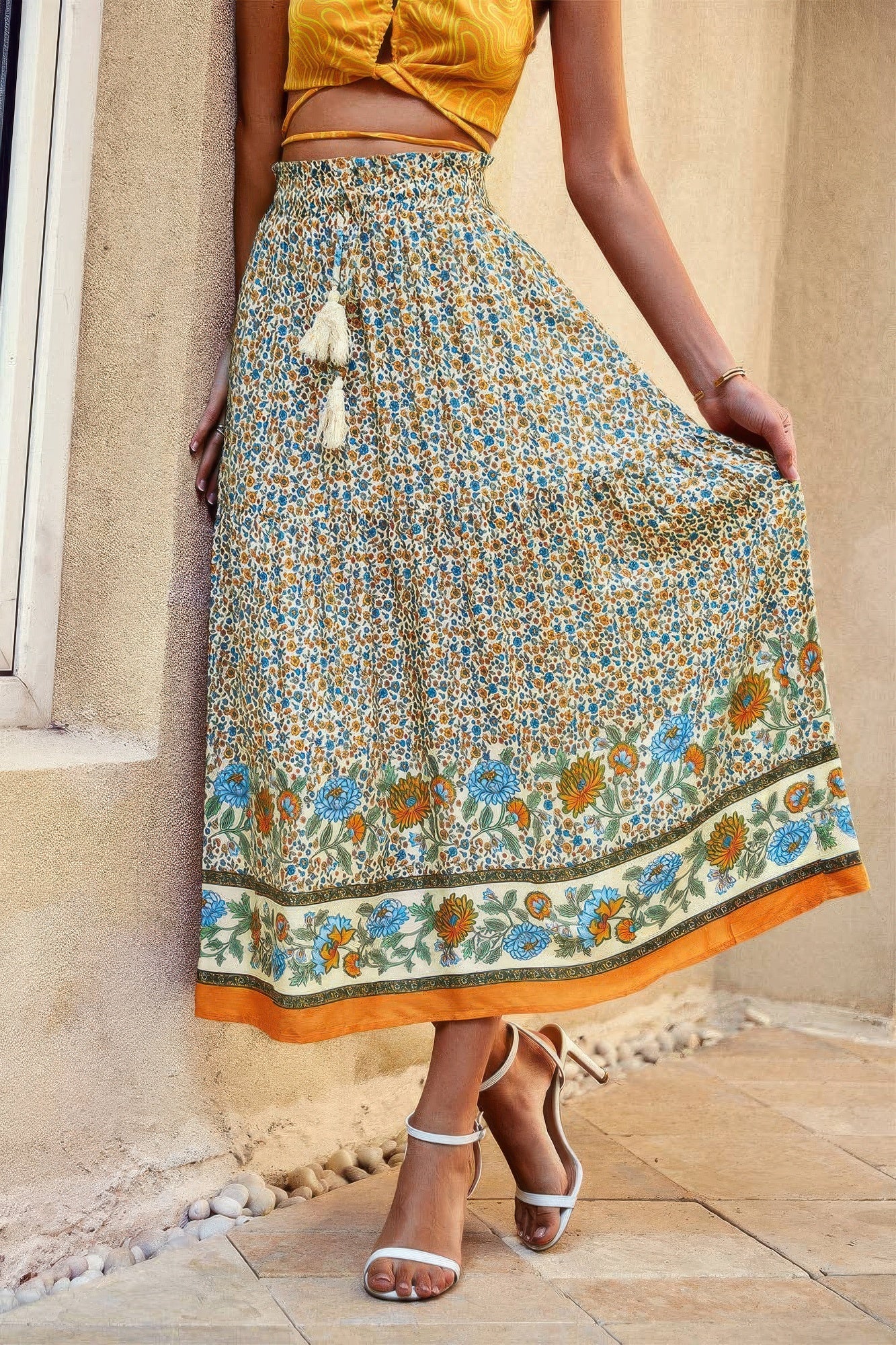 Drawstring Floral Ruffled Maxi Skirt - ZumBuys