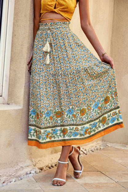 Drawstring Floral Ruffled Maxi Skirt - ZumBuys