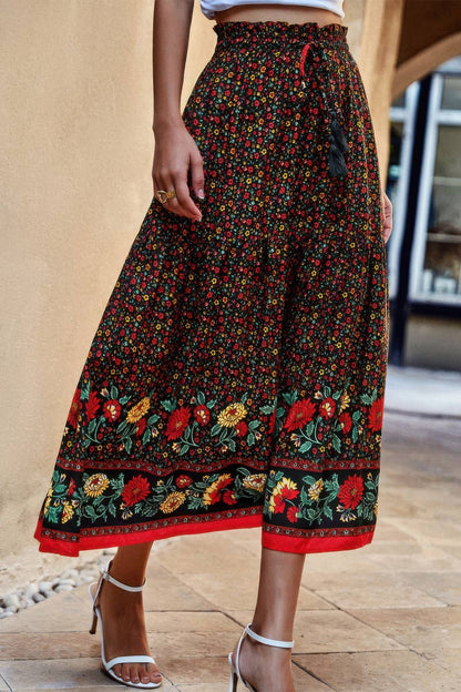 Drawstring Floral Ruffled Maxi Skirt - ZumBuys