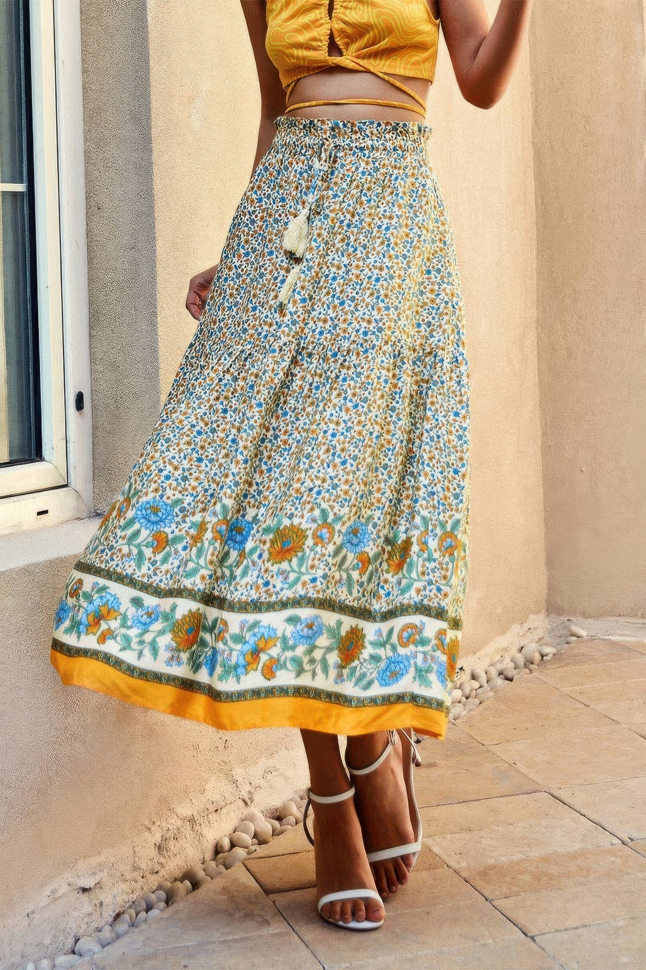 Drawstring Floral Ruffled Maxi Skirt - ZumBuys
