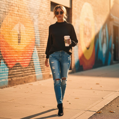 Drop Shoulder Solid Mock Neck Classic Knitted Sweater - ZumBuys