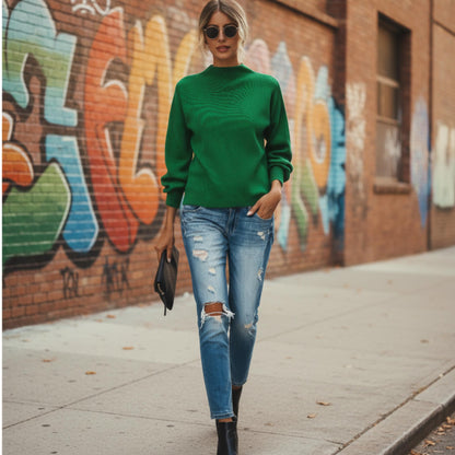 Drop Shoulder Solid Mock Neck Classic Knitted Sweater - ZumBuys