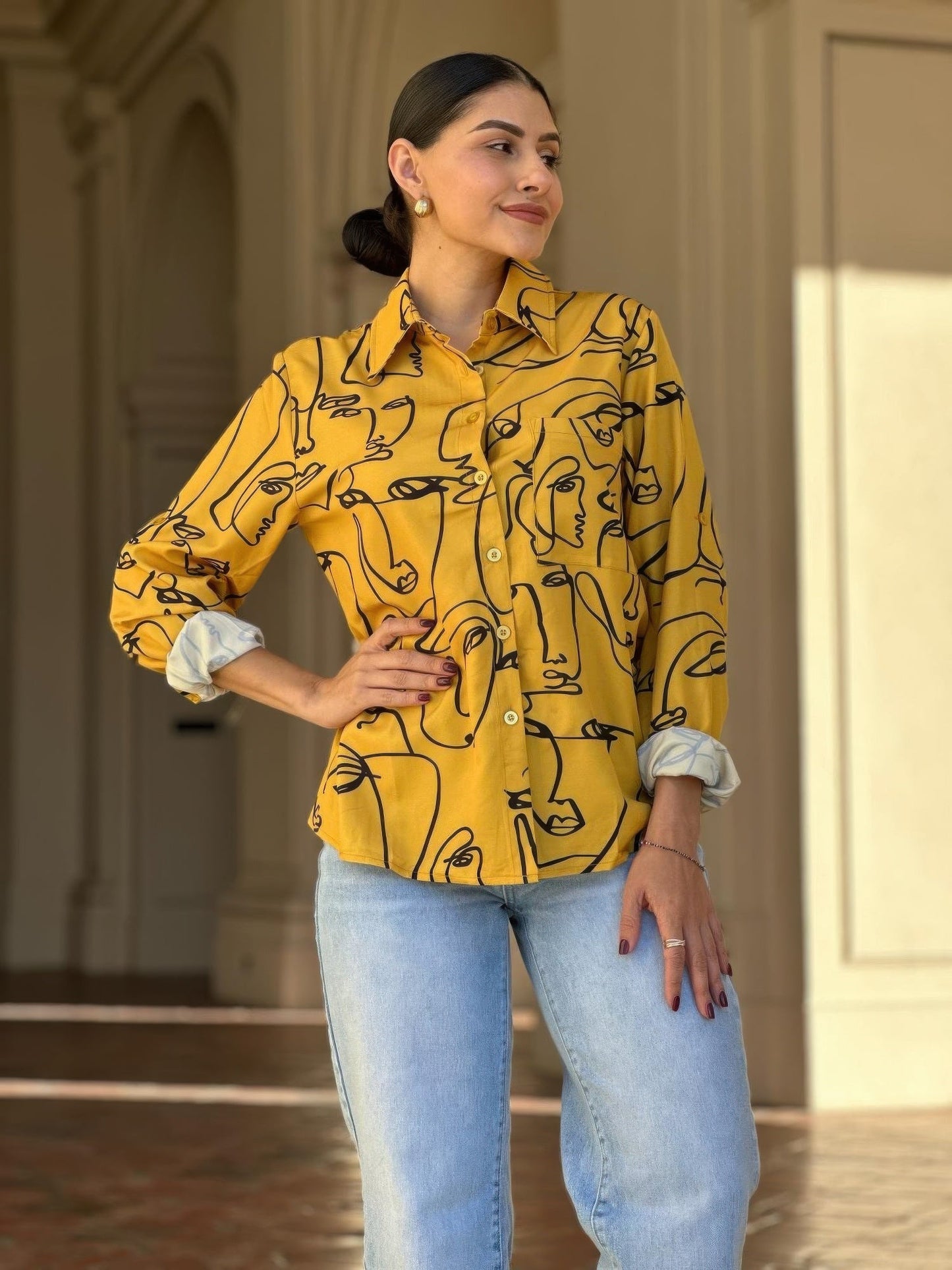 Face Print Long Sleeve Button Down Blouse - ZumBuys