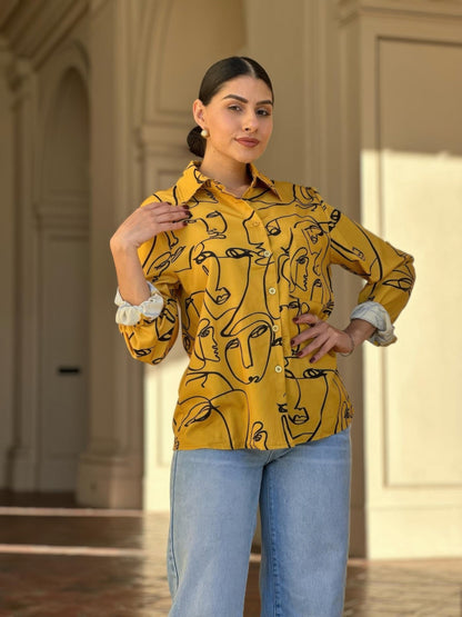 Face Print Long Sleeve Button Down Blouse - ZumBuys