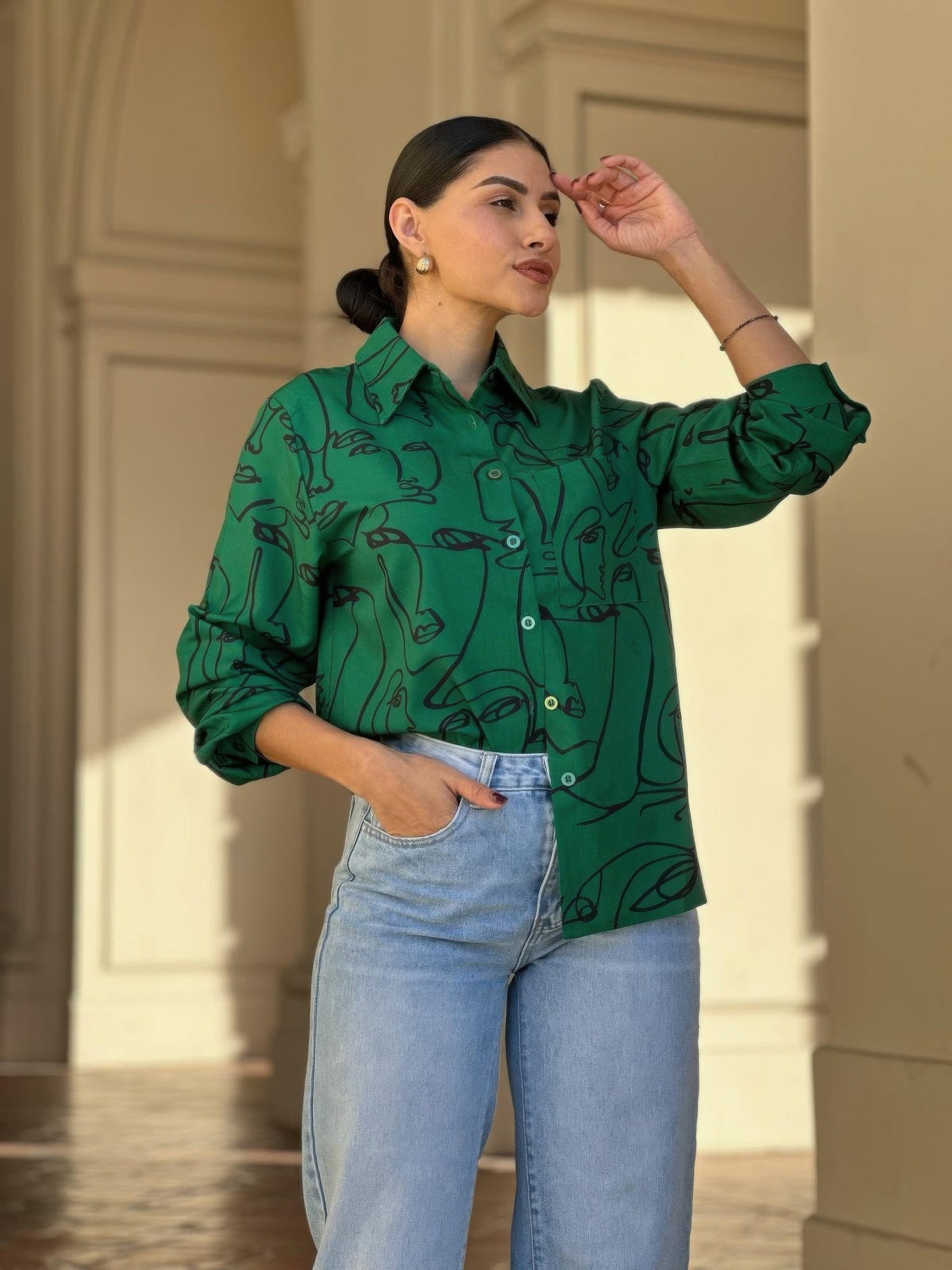 Face Print Long Sleeve Button Down Blouse - ZumBuys