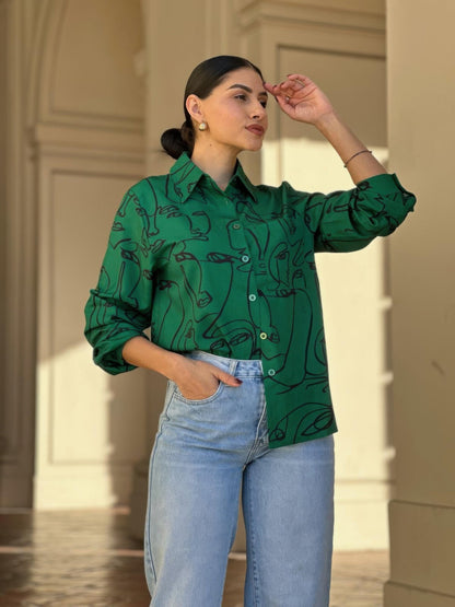 Face Print Long Sleeve Button Down Blouse - ZumBuys