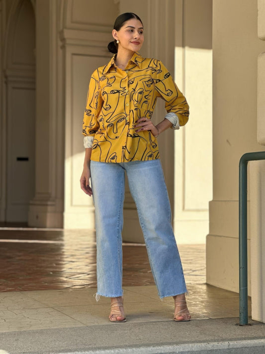 Face Print Long Sleeve Button Down Blouse - ZumBuys