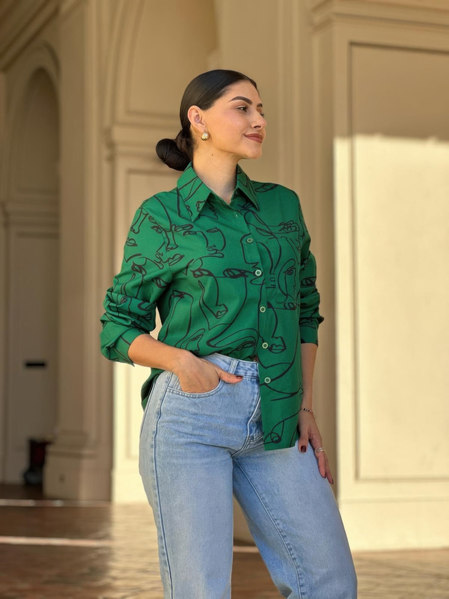 Face Print Long Sleeve Button Down Blouse - ZumBuys