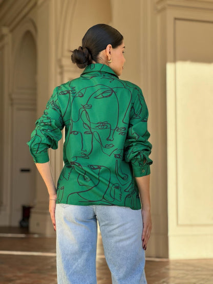 Face Print Long Sleeve Button Down Blouse - ZumBuys