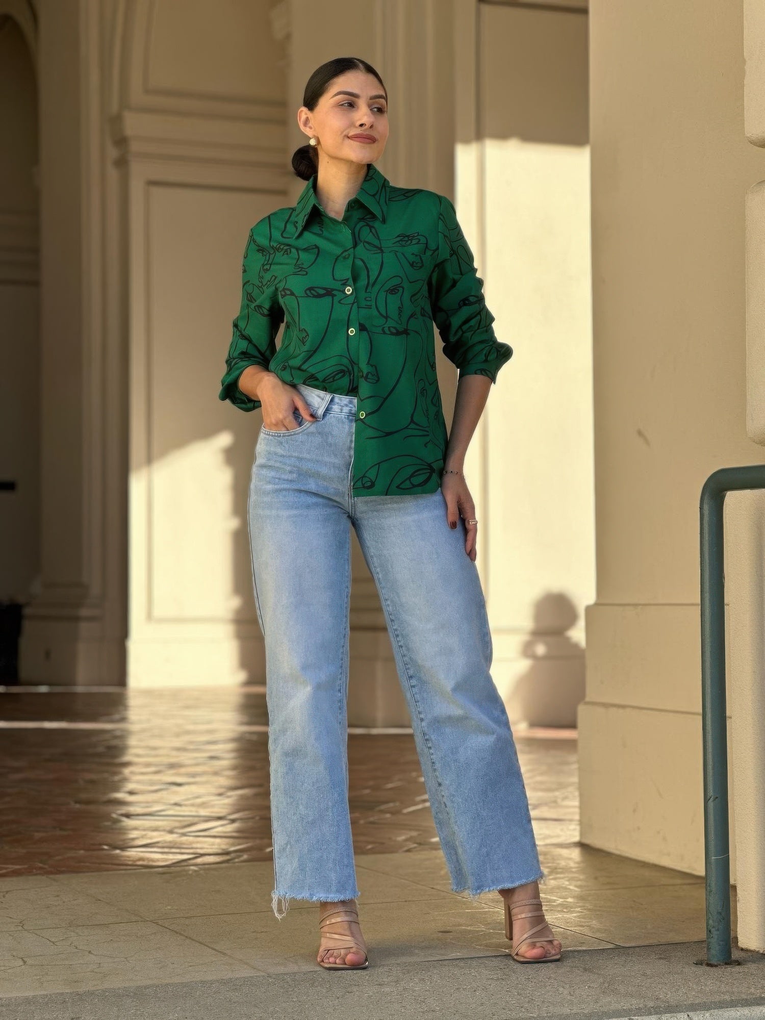 Face Print Long Sleeve Button Down Blouse - ZumBuys