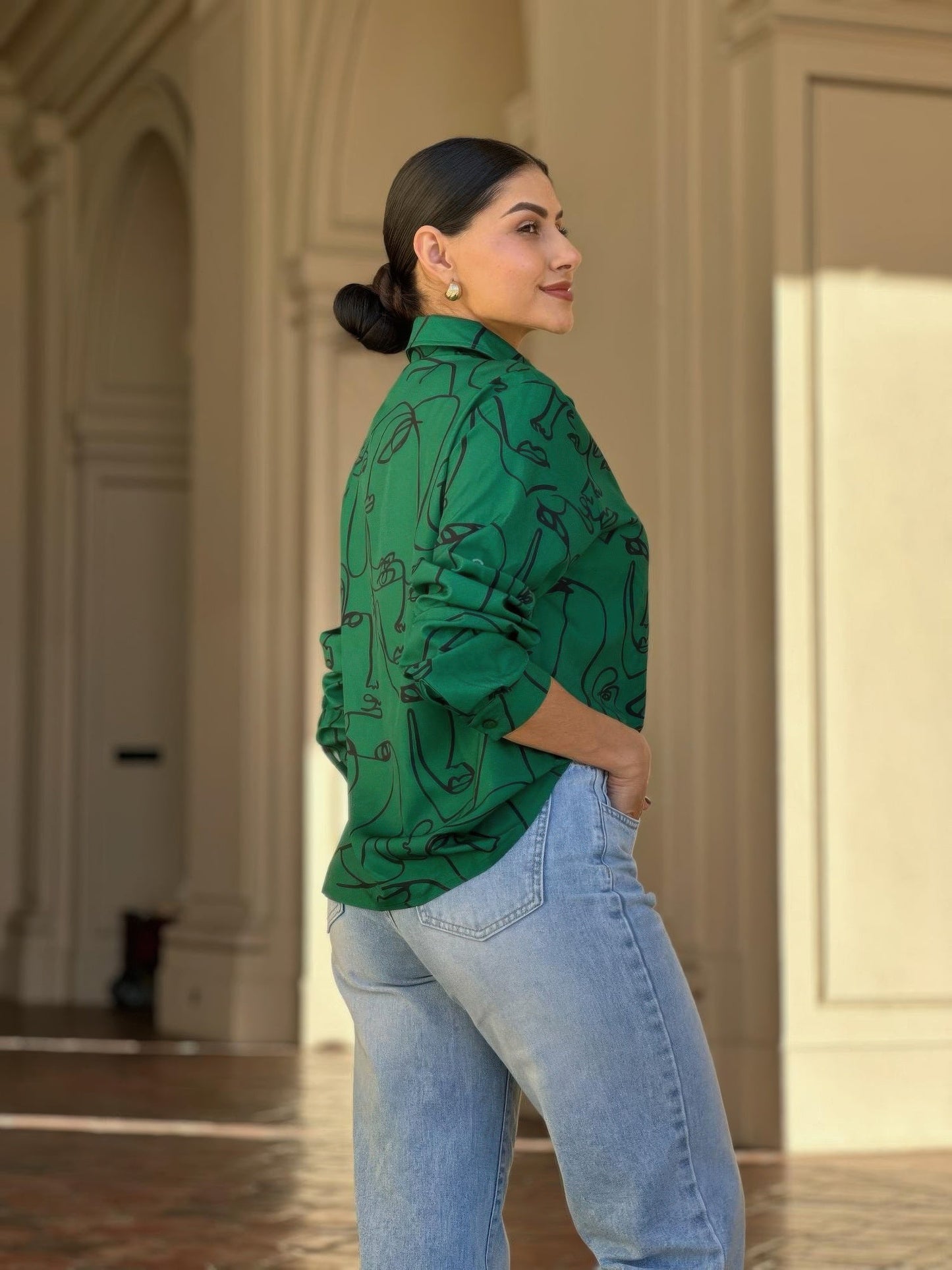 Face Print Long Sleeve Button Down Blouse - ZumBuys