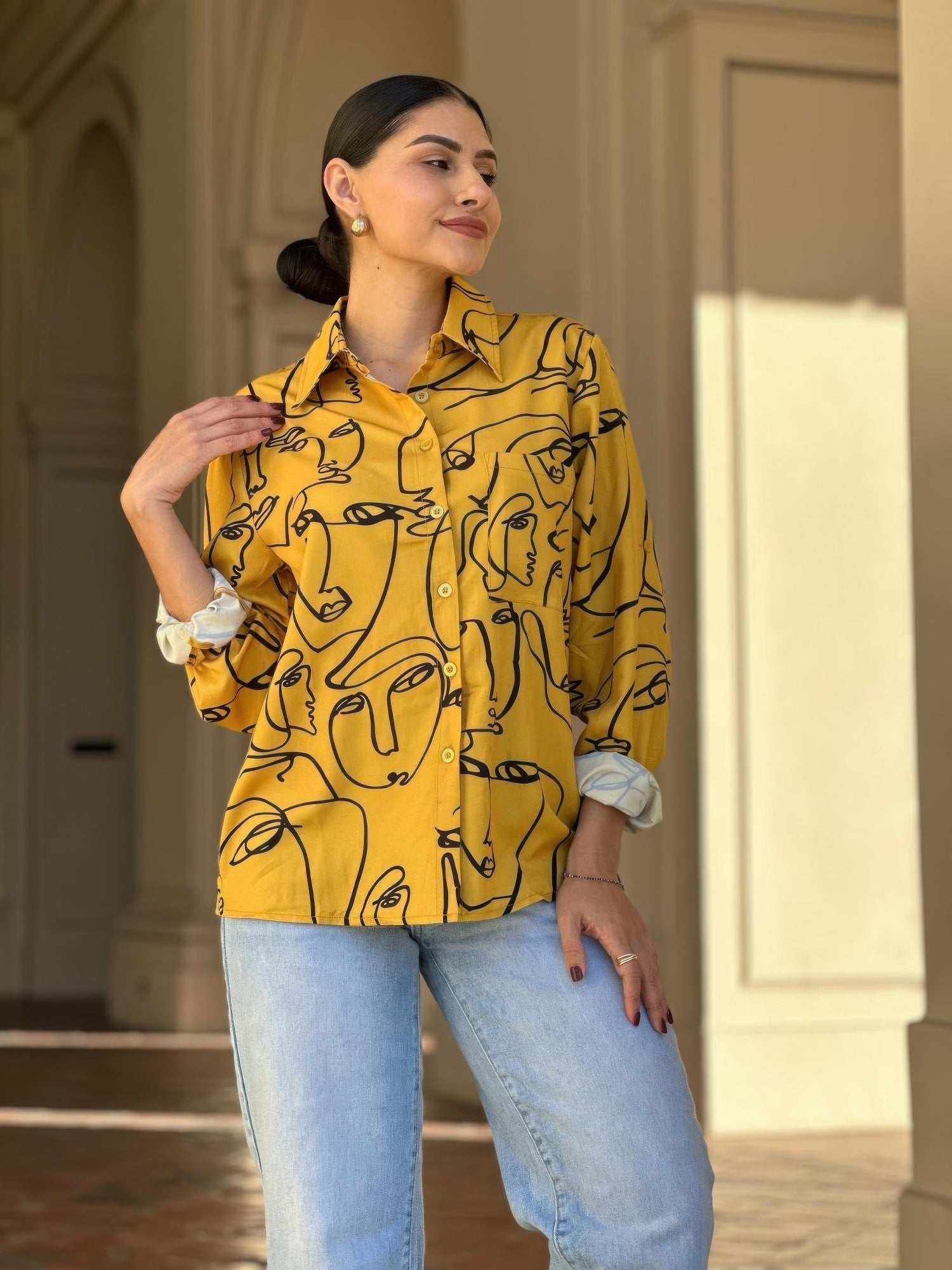 Face Print Long Sleeve Button Down Blouse - ZumBuys