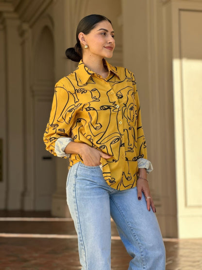 Face Print Long Sleeve Button Down Blouse - ZumBuys