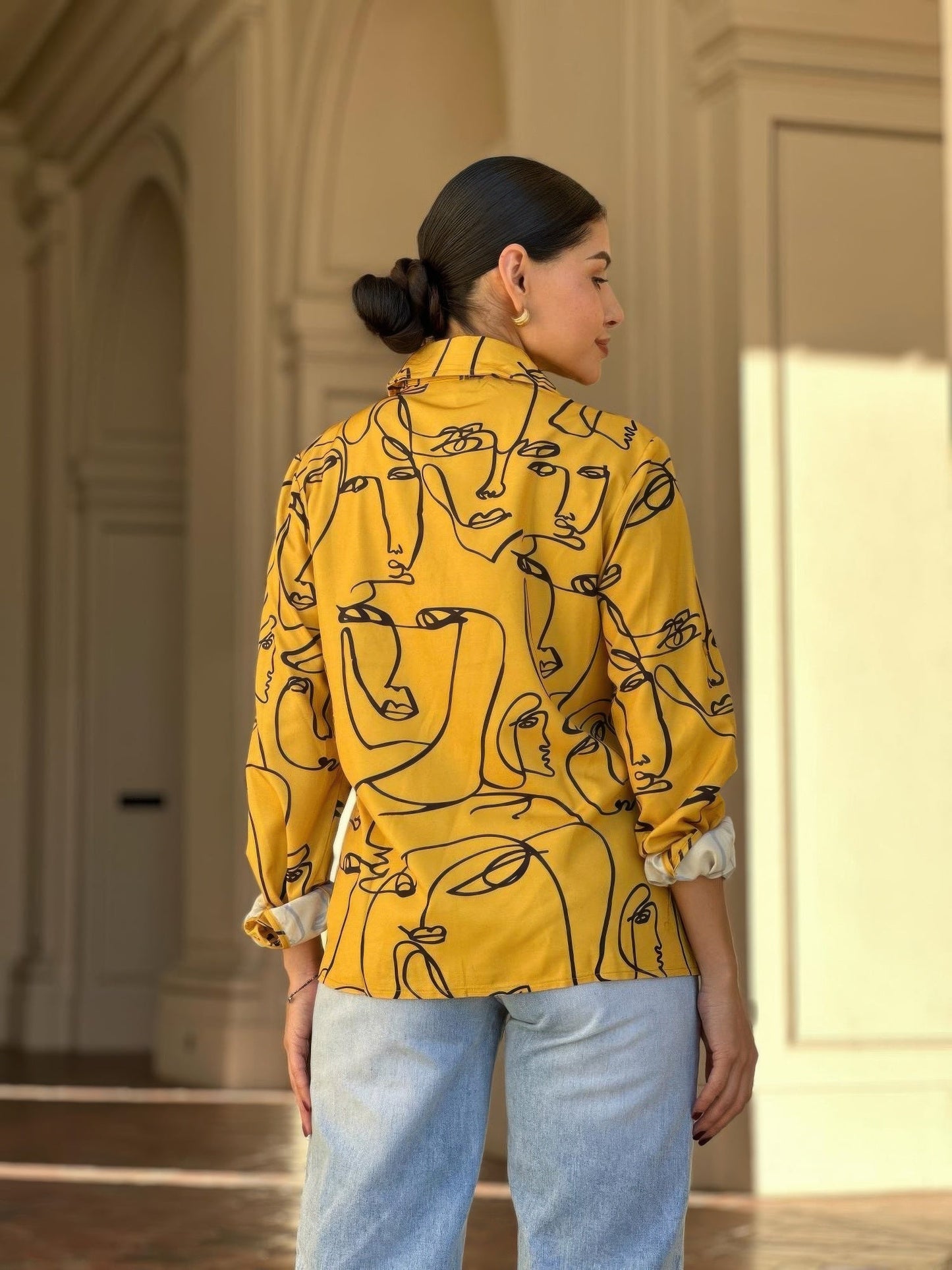 Face Print Long Sleeve Button Down Blouse - ZumBuys