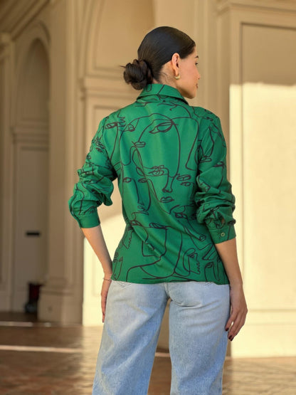 Face Print Long Sleeve Button Down Blouse - ZumBuys