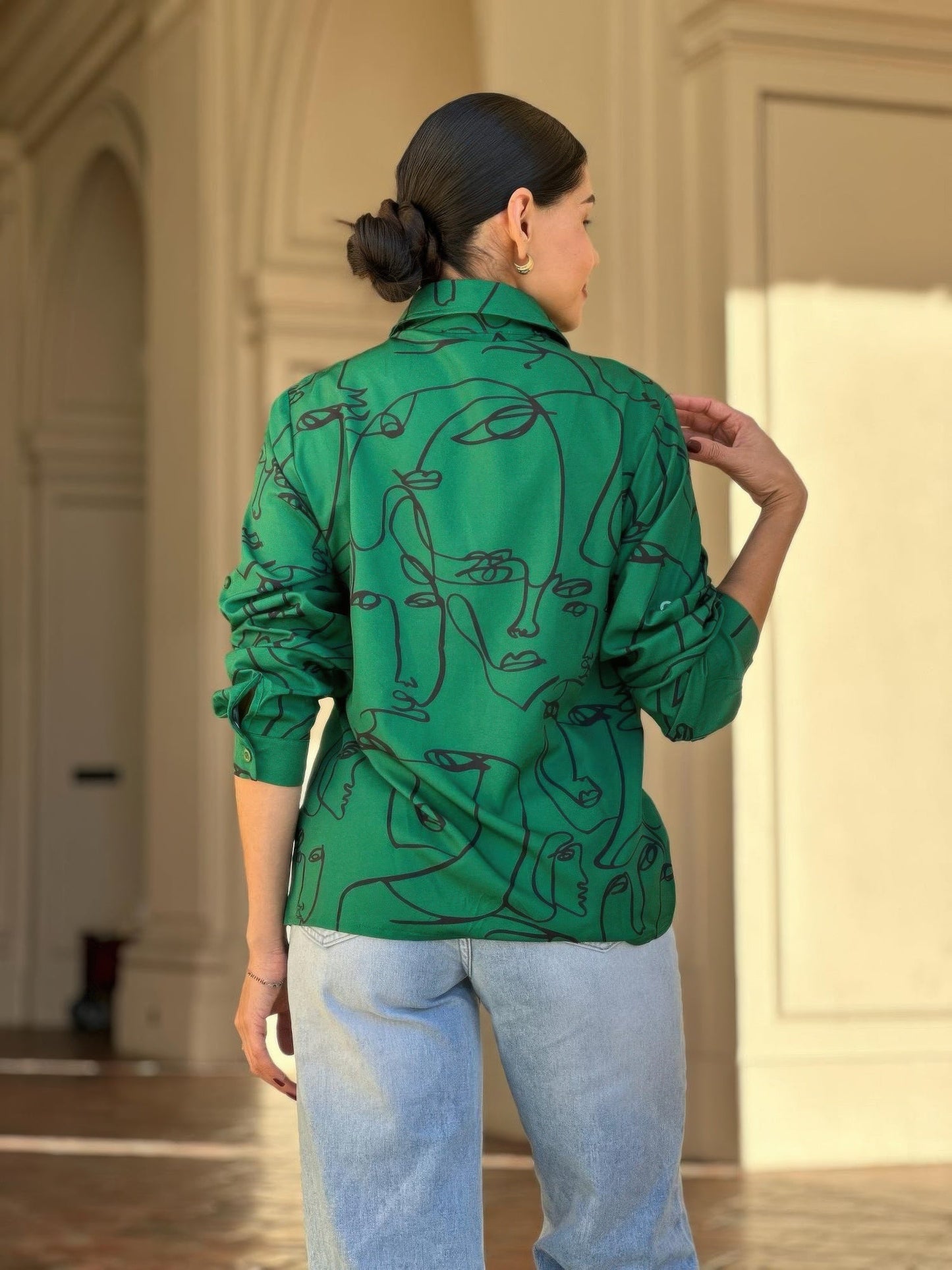 Face Print Long Sleeve Button Down Blouse - ZumBuys