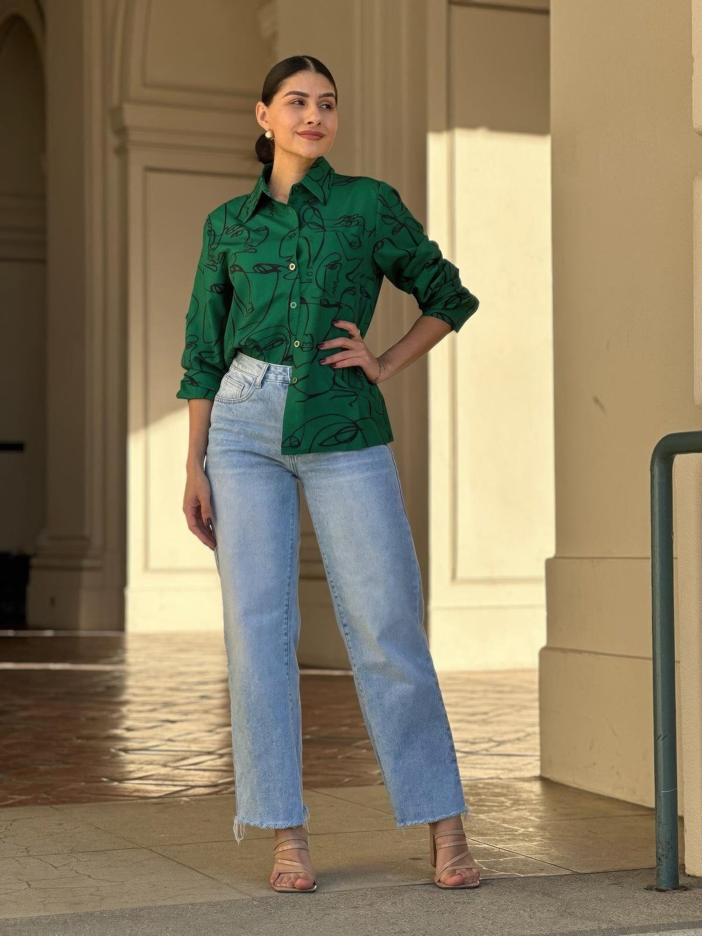 Face Print Long Sleeve Button Down Blouse - ZumBuys