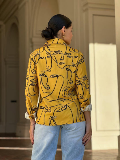 Face Print Long Sleeve Button Down Blouse - ZumBuys