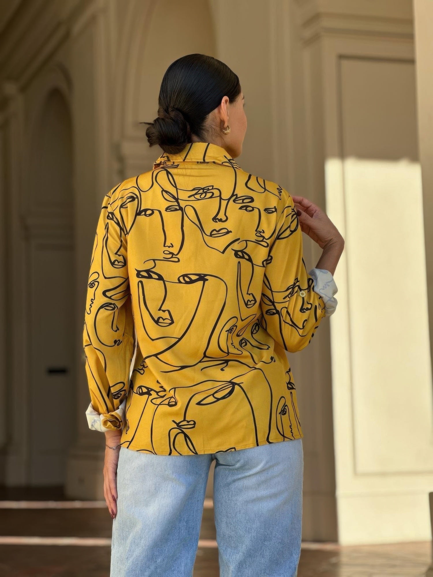 Face Print Long Sleeve Button Down Blouse - ZumBuys