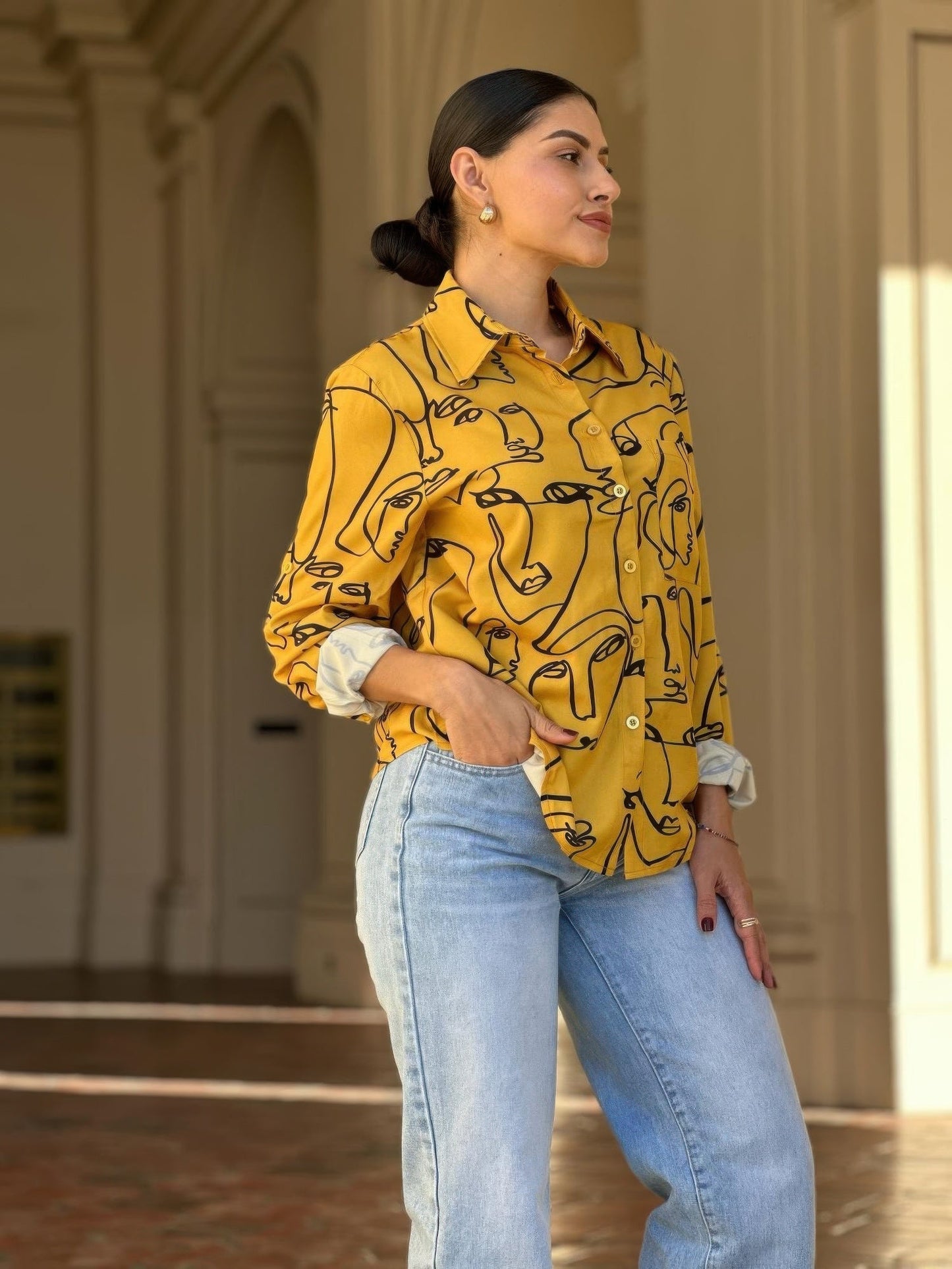 Face Print Long Sleeve Button Down Blouse - ZumBuys