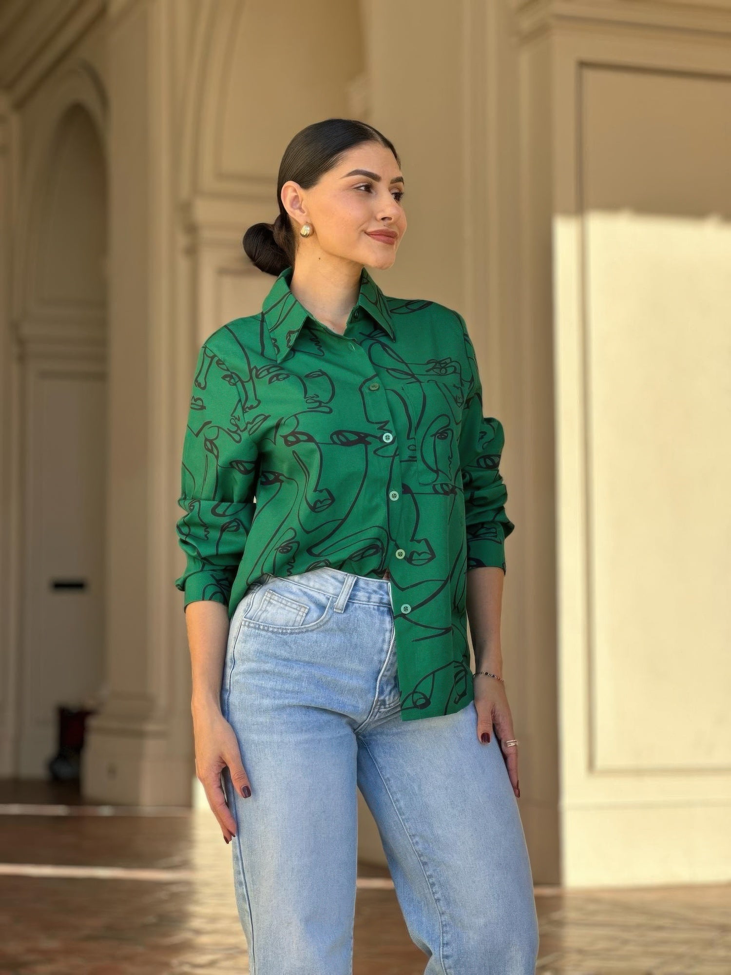 Face Print Long Sleeve Button Down Blouse - ZumBuys