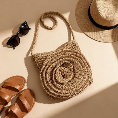Faux Straw Handmade Big Flower Crossbody Bag – Summer Floral Purse - ZumBuys