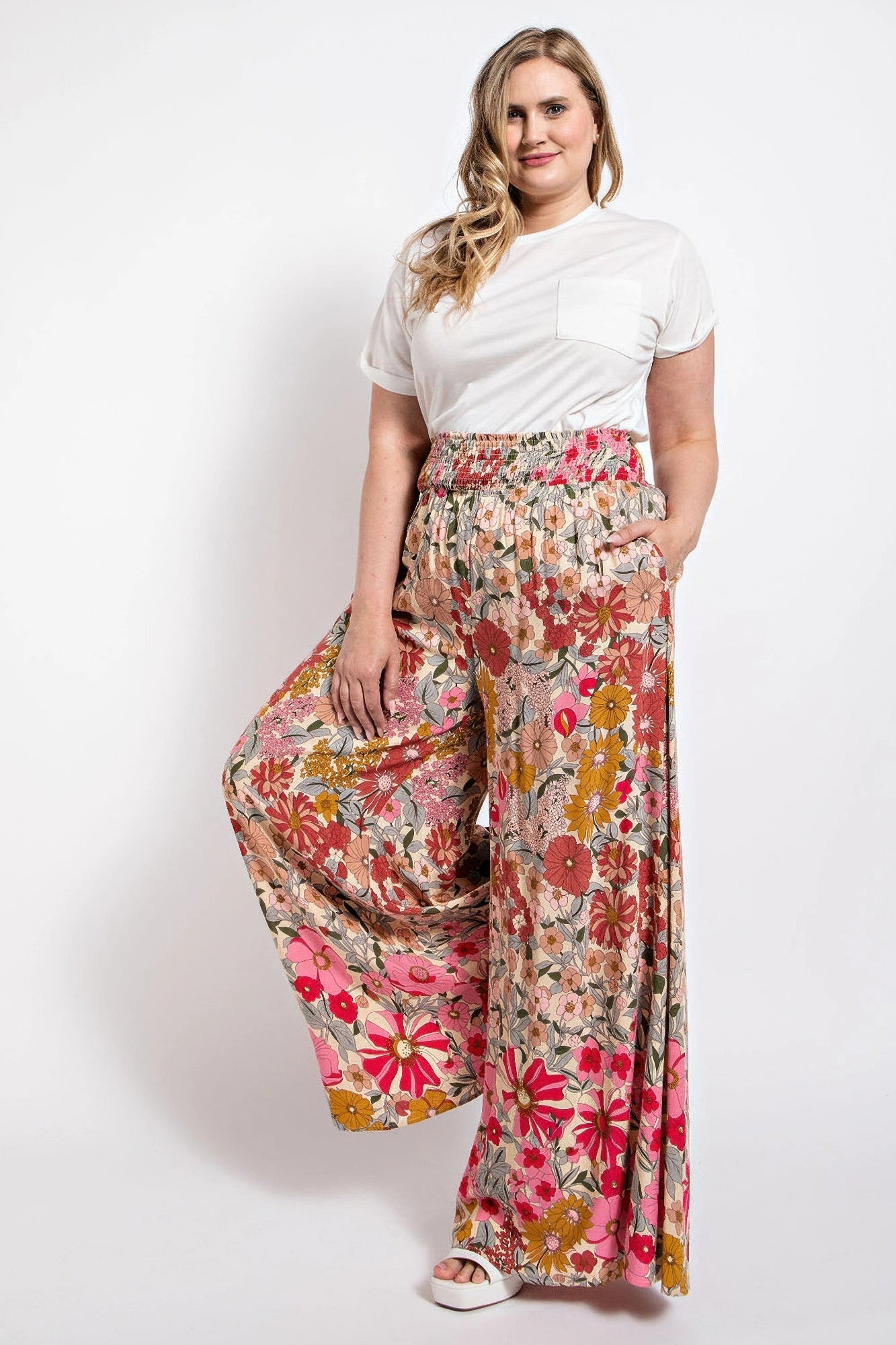 Flare Wide Leg And Waist Smocked Pants With Side Pocket - ZumBuys
