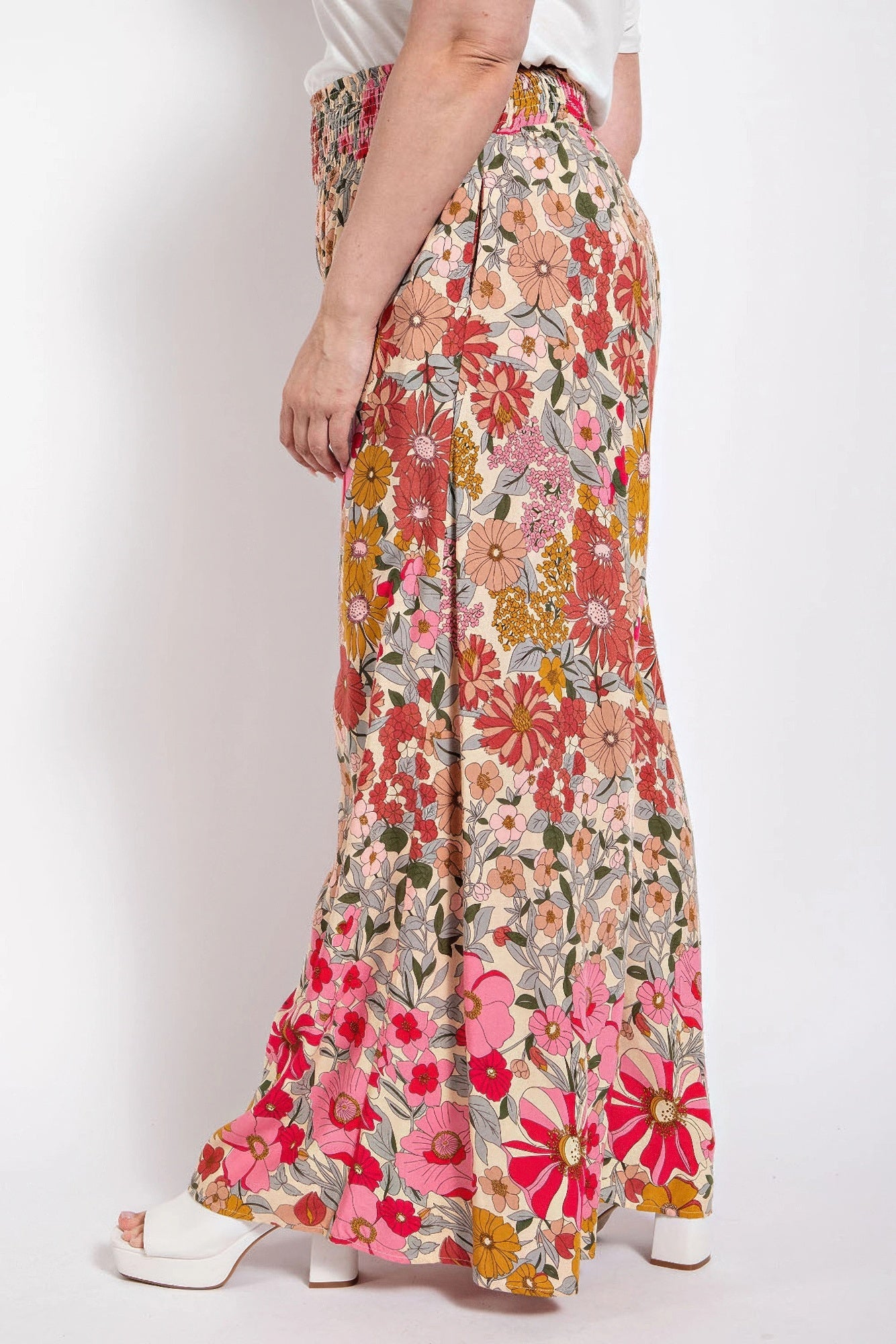 Flare Wide Leg And Waist Smocked Pants With Side Pocket - ZumBuys