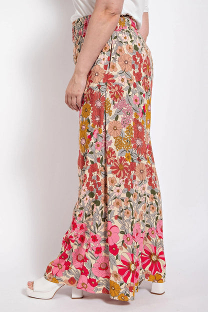 Flare Wide Leg And Waist Smocked Pants With Side Pocket - ZumBuys