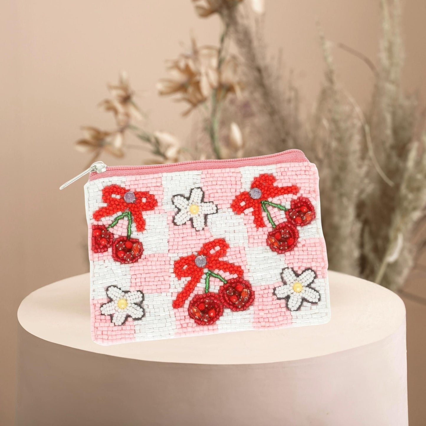 Floral Cherry Theme Beaded Coin Bag - ZumBuys