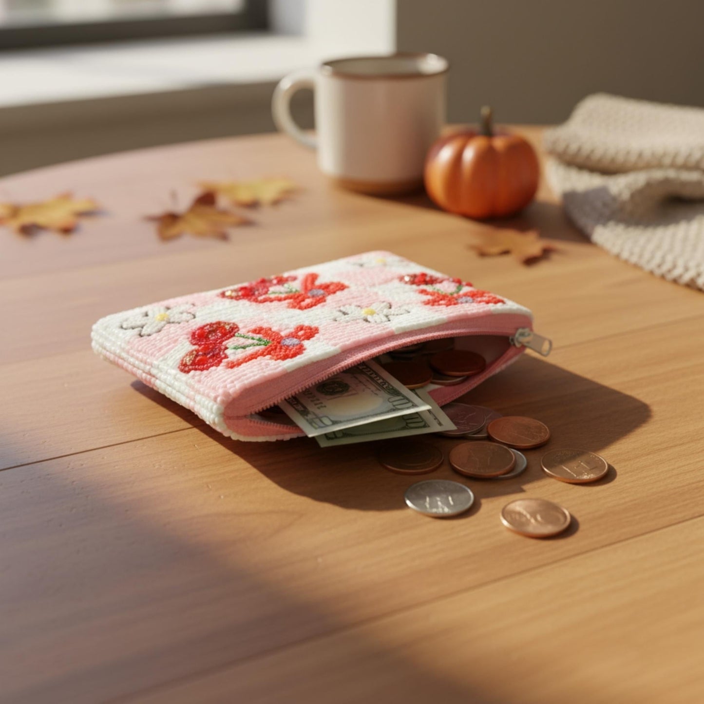 Floral Cherry Theme Beaded Coin Bag - ZumBuys