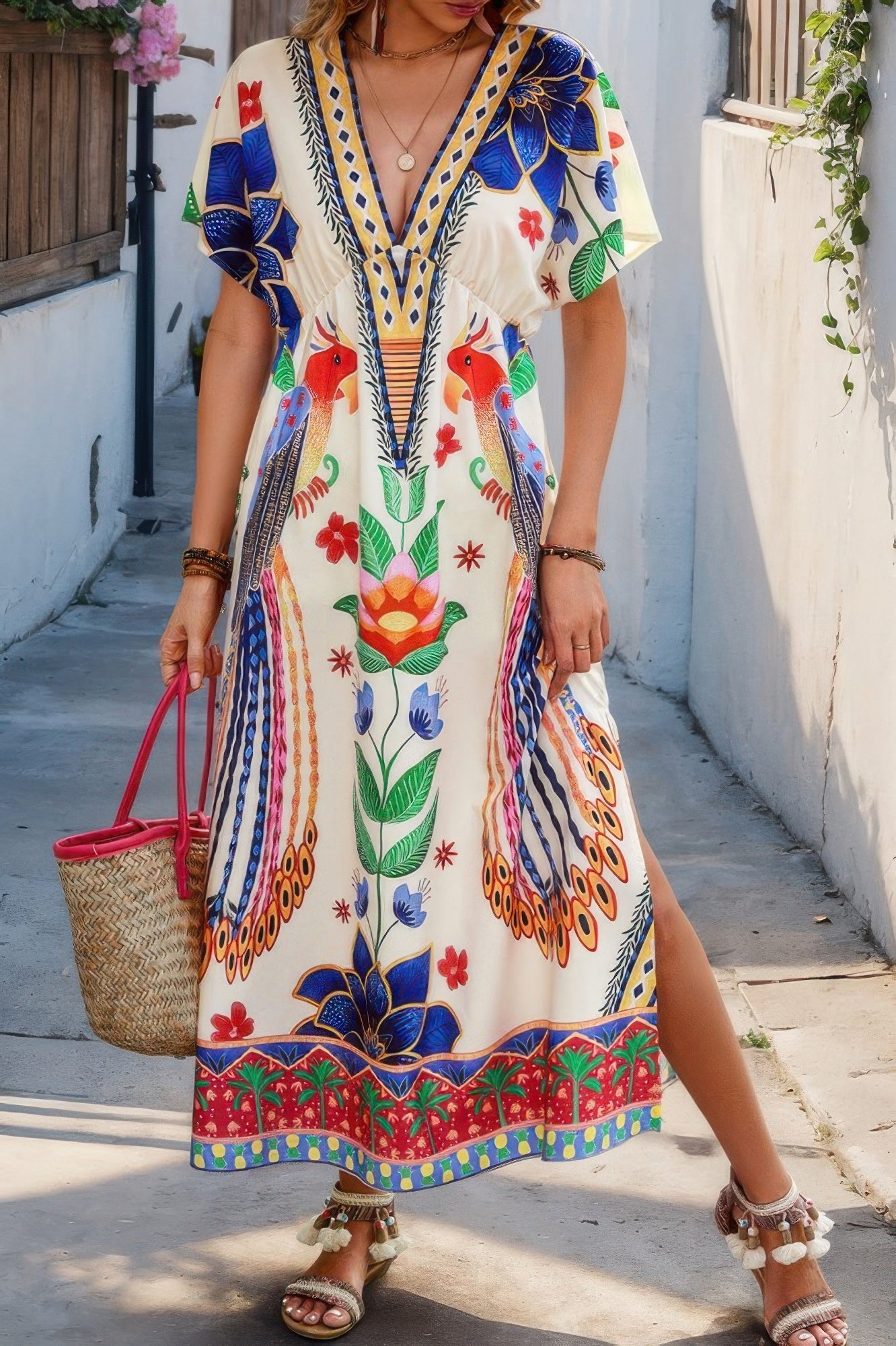 Floral Deep V Neck Batwing Sleeve Dress for Women - ZumBuys