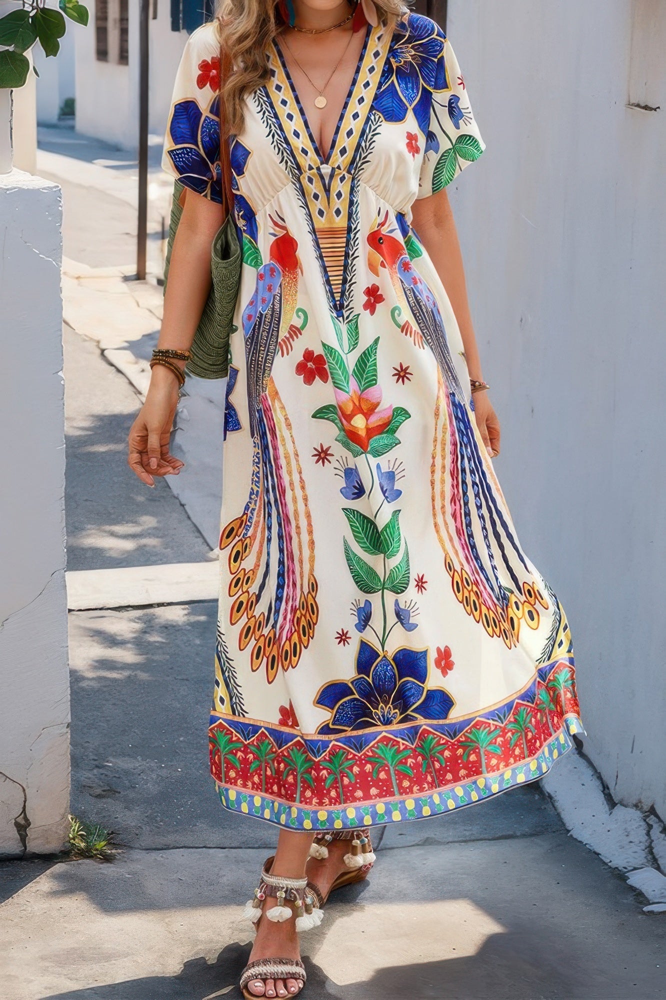 Floral Deep V Neck Batwing Sleeve Dress for Women - ZumBuys