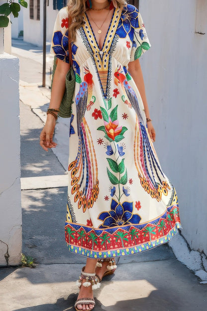 Floral Deep V Neck Batwing Sleeve Dress for Women - ZumBuys