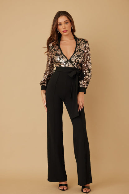 Flower Vein Sequin Print Jumpsuit - ZumBuys