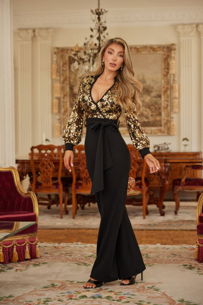 Flower Vein Sequin Print Jumpsuit - ZumBuys