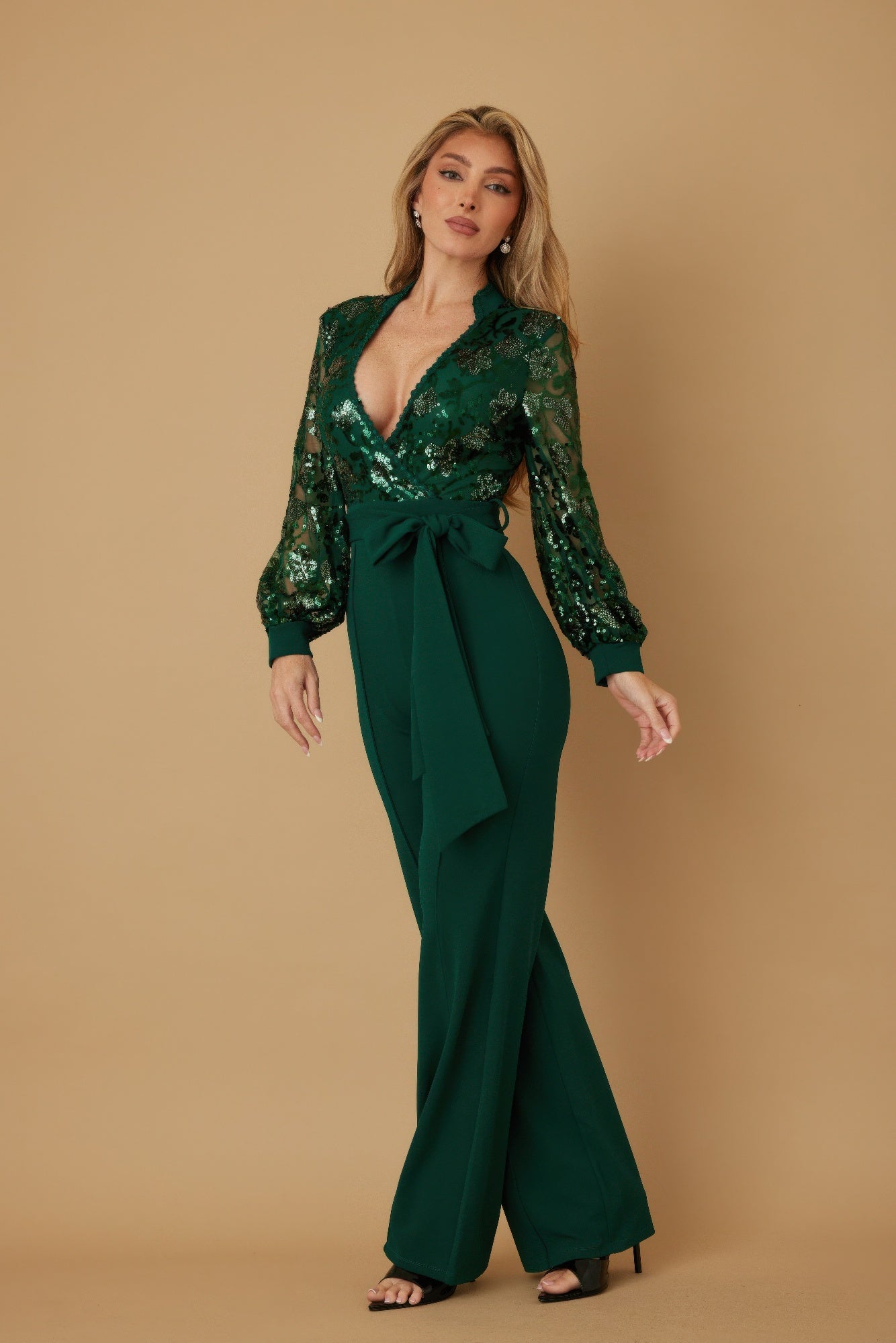 Flower Vein Sequin Print Jumpsuit - ZumBuys