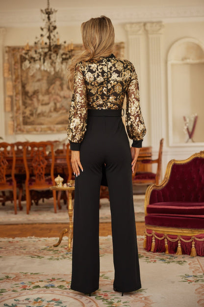 Flower Vein Sequin Print Jumpsuit - ZumBuys