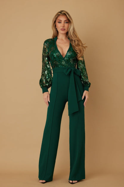 Flower Vein Sequin Print Jumpsuit - ZumBuys