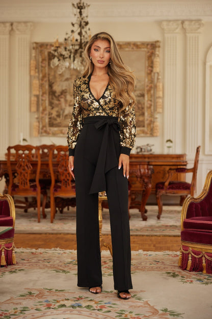 Flower Vein Sequin Print Jumpsuit - ZumBuys