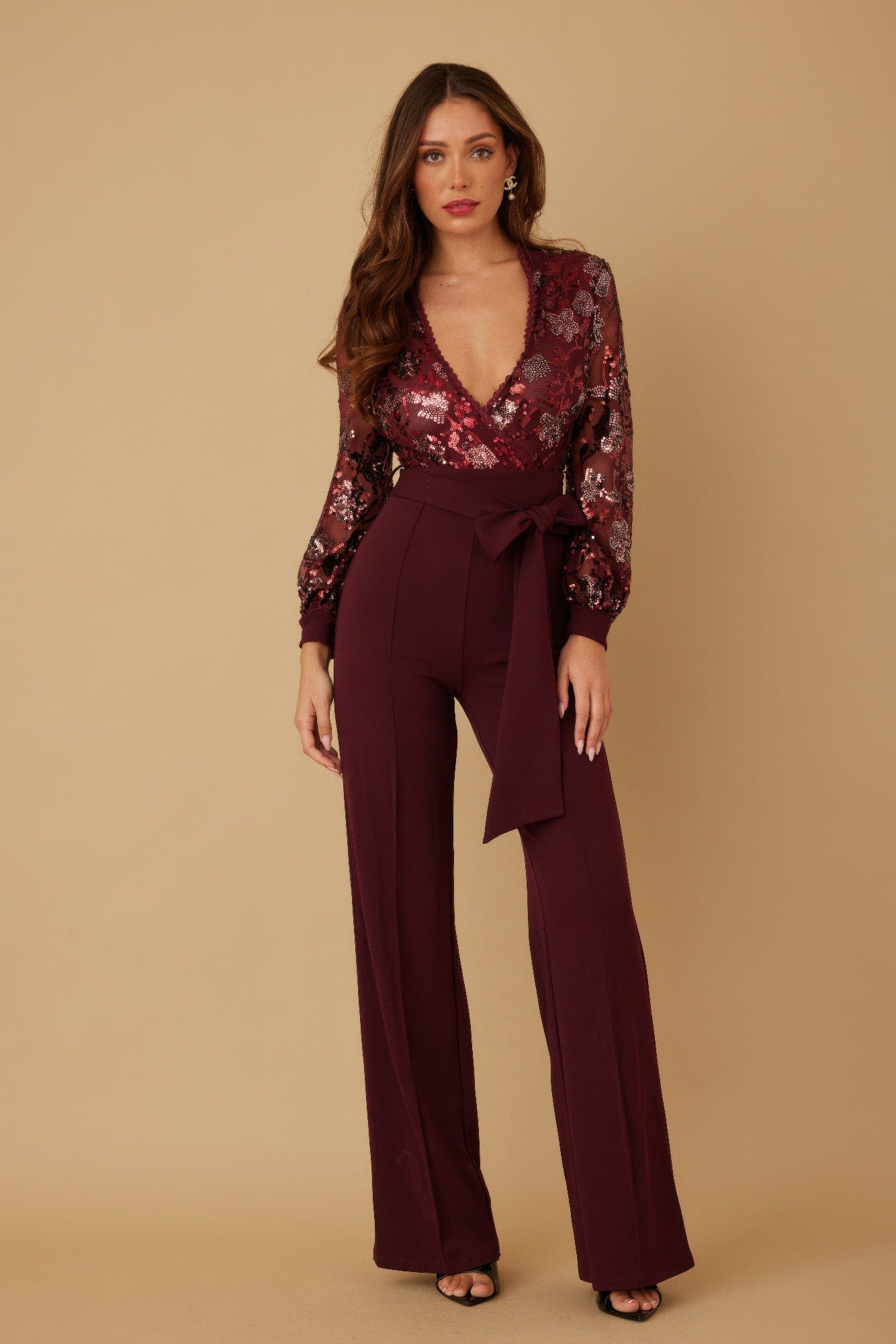 Flower Vein Sequin Print Jumpsuit - ZumBuys