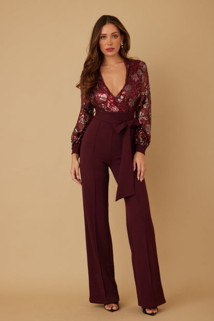 Flower Vein Sequin Print Jumpsuit - ZumBuys