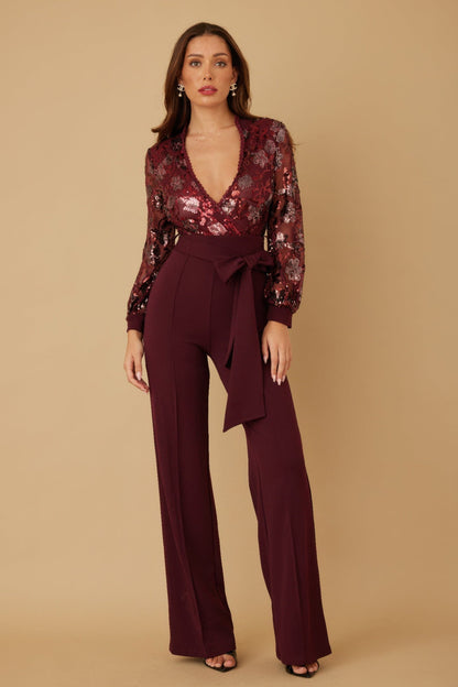 Flower Vein Sequin Print Jumpsuit - ZumBuys