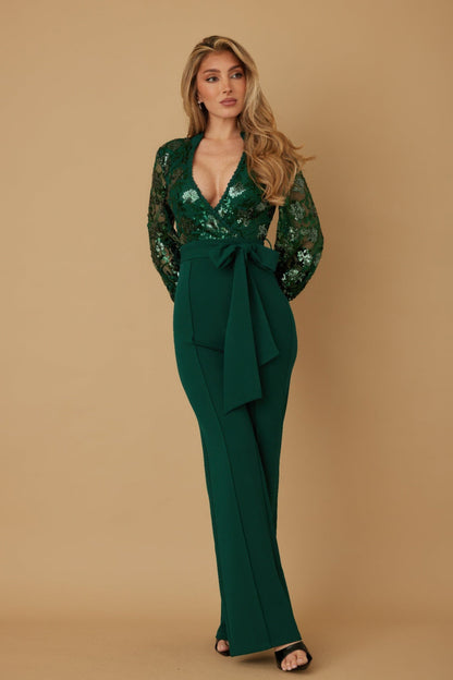 Flower Vein Sequin Print Jumpsuit - ZumBuys