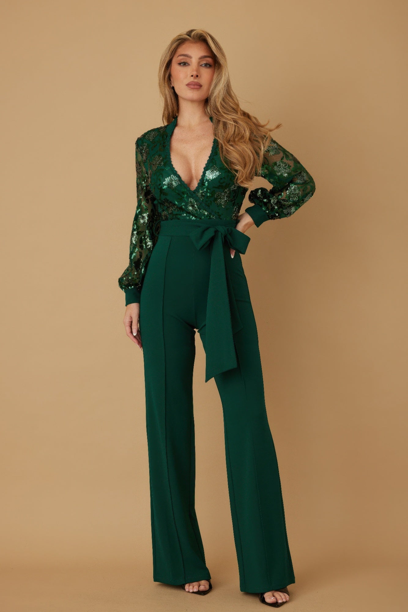 Flower Vein Sequin Print Jumpsuit - ZumBuys